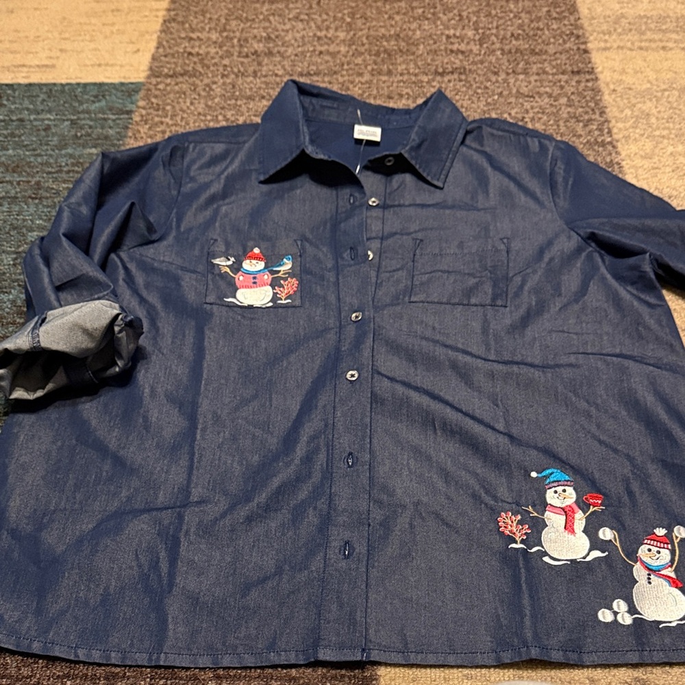 Blair Dark Blue Denim Shirt with Embroidered Snowmen